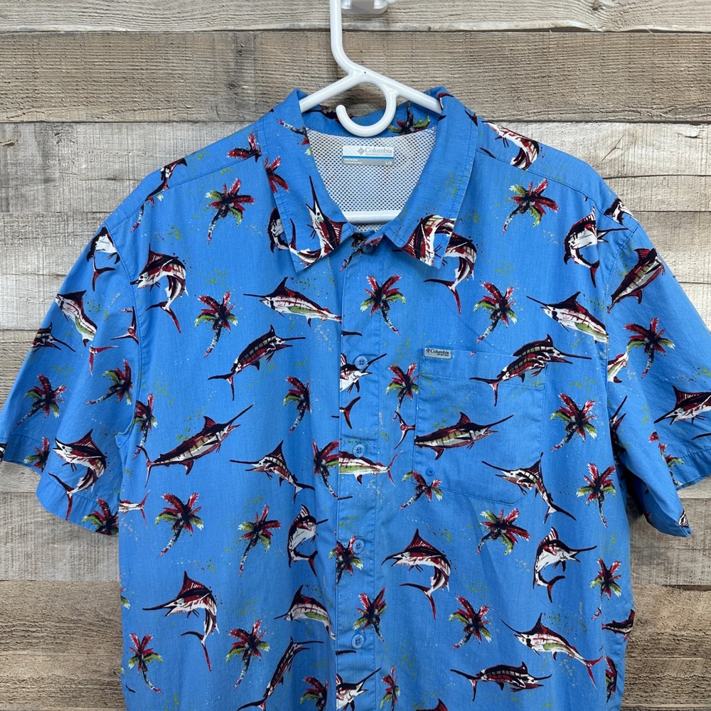 Columbia PFG Mens Marlin Palm Tree Blue Vented Fishing Shirt Large FM7011 - Picture 2 of 6